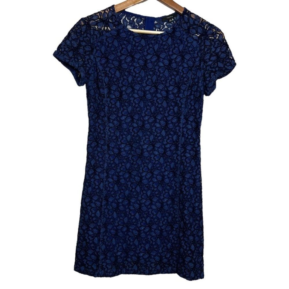 Aritzia Talula Womens Size 4 Navy Blue Lace Short Sleeve Mini Dress Semi Sheer - Picture 2 of 12
